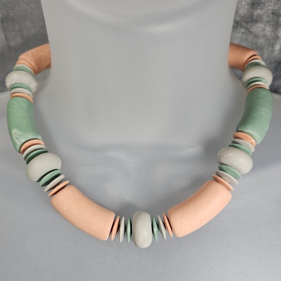 Avon Necklace Bracelet Vintage Marbled Peach Mint Geometric Chunky Beach - Picture 2 of 7